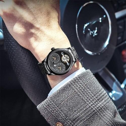 Automatic Mechanical Hollow Mens Watch Calendar Tourbillon Waterproof Luminous Stainless Steel Strap Mens Watch Brand AILANG