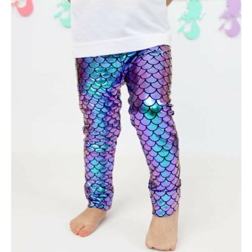 Kid Girl Skinny Mermaid Shiny Fish Scale Leggings Stretchy Pants Pencil Trousers