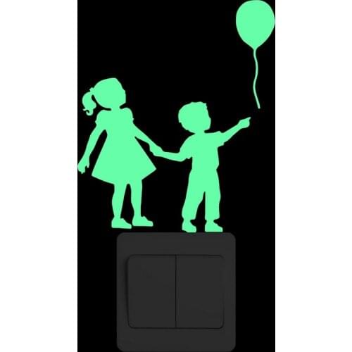 Girl and Boy Hand in Hand Together Watch A Floating Balloon Cartoon Wall Switch Sticker Glow in the Dark Home Decoration Decals