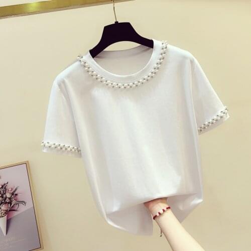 Beaded Solid Women White T-Shirts Summer New 2021 O-Neck Short-Sleeved Slim Casual Female Pulls Tops Tees
