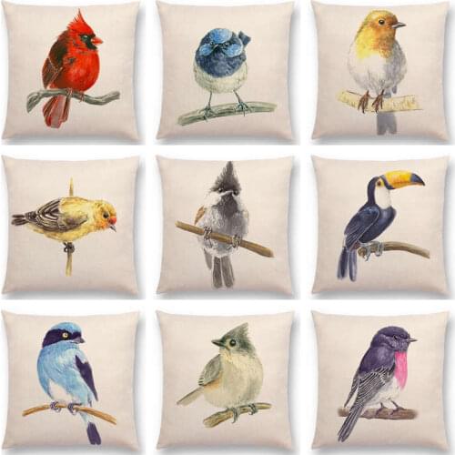 Hot Sale Birds Watercolor Painting Robin Titmouse Toucan Fairy Sparrow Firecrest Cardinal Bullfinch Cushion Sofa Throw Pillow