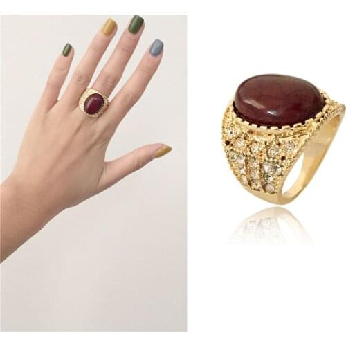Bohemia Gold Color Plating Clear Stone with Marble Marron Stone Ring For Women Girl Lady Antique Vintage Jewelry