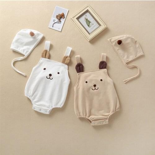 Cartoon bear baby boy girls romper cute cotton lucky child infant baby clothes strap jumpsuit kids newborn baby costume with hat