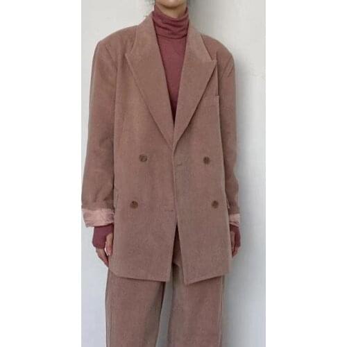 2 Pieces Set Spring Autumn Vintage Women Corduroy Pant Suits Stylish Double Breasted Jacket & Wide Leg Pants Blazer Suits