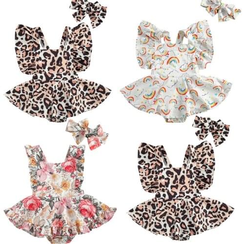 Lioraitiin 0-24M Newborn Infant Baby Girls 2Pcs Clothes Set Printed Pattern Sleeveless Square Collar Romper Headdress