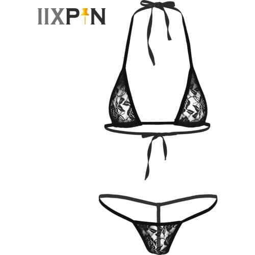 Exotic Lingerie Set for Women Lace Sexy Bralette Underwear Halterneck Mini Micro Bikini Bra Top with G-String Briefs Thong Set