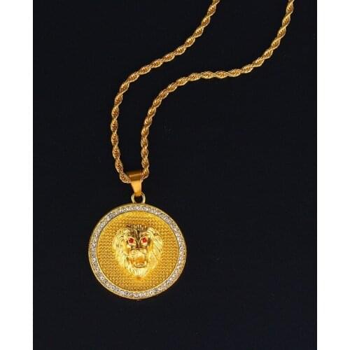Punk Style Statement Metal Gold Color Chain Round Lion Head Pendant Necklace with Zircon Hip Hop Rock Jewelry for Men and Women
