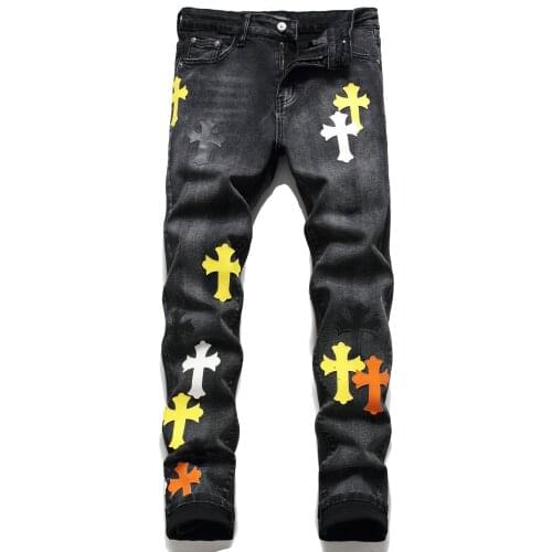 SEVEYFAN 2021 Mens Fashion Embroidery Cross Jeans Black Long Straight fit Denim Pants for Male