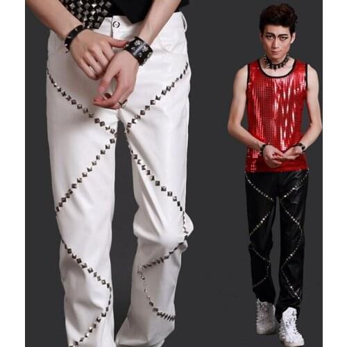 Stage personality men leather pants rivets pant men feet trousers singer dance fashion pantalon homme street star style novelty