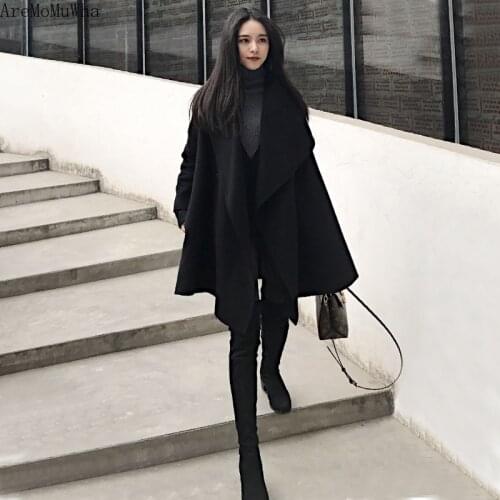 AreMoMuWha 2019 Autumn and Winter New Korean Version of The Cloak Long Section Loose Coat Double-faced Woolen Coat Female MH500