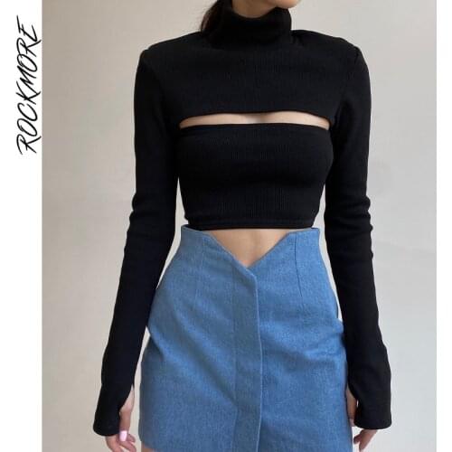 Rockmore Solid Hollow Out Women T Shirt Knit Bodycon Turtleneck Long Sleeve Tops Sexy Casual Basic Tee Streetwear Pullovers 2021