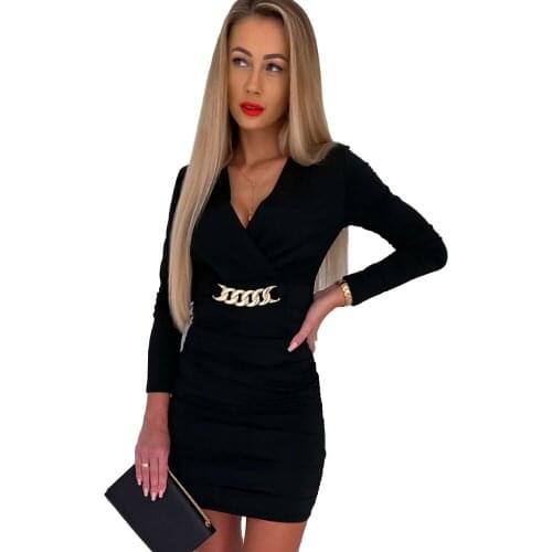 Sexy V-Neck Mini Dress Women Vintage Chain Party Dress Long Sleeve Solid Dresses Female Elegant Slim Fit Robe Vestidos D30