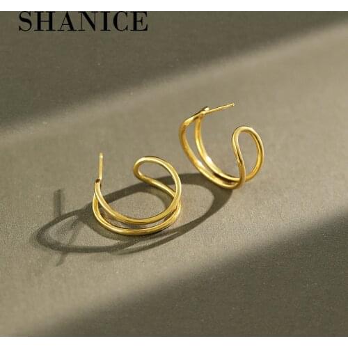 SHANICE Ins S925 Sterling Silver Stud Earrings Simple Niche Geometric Double Line High Quality DIY Jewelry Making Findings Gift