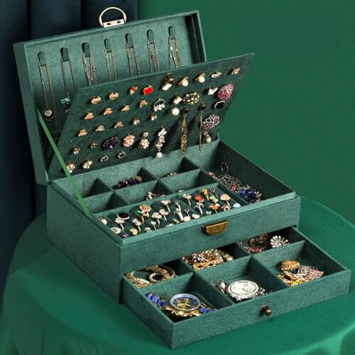 New 3-layers Green Stud Jewelry Organizer Large Ring Necklace Makeup Holder Cases Display Velvet Jewelry Box with Lock for Women
