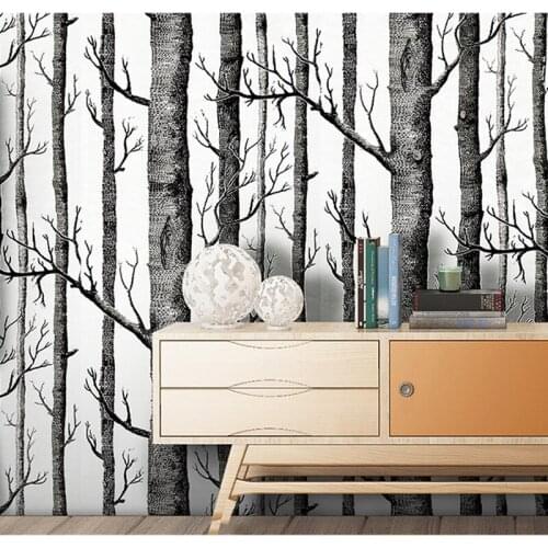 Modern minimalist black and white wall stickers self-adhesive wallpaper wood birch tree waterproof PVC wall paper wall decor