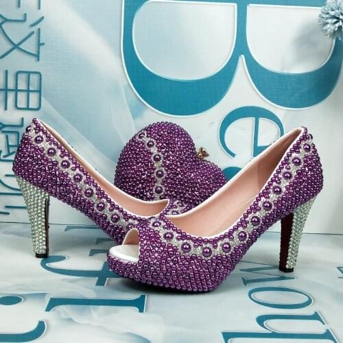 Purple Pearl wedding shoes with matching bags bride party dress shoe and bag set High heels platform shoe Open Toe shoe Fish Toe