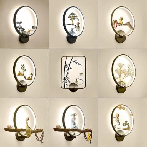 Kobuc Chinese Style LED Wall Lamp 19W Round Ring Sconces for Livng Room Bedroom Bedside Hotel Wall Fixtures Lighting Indoor 220V