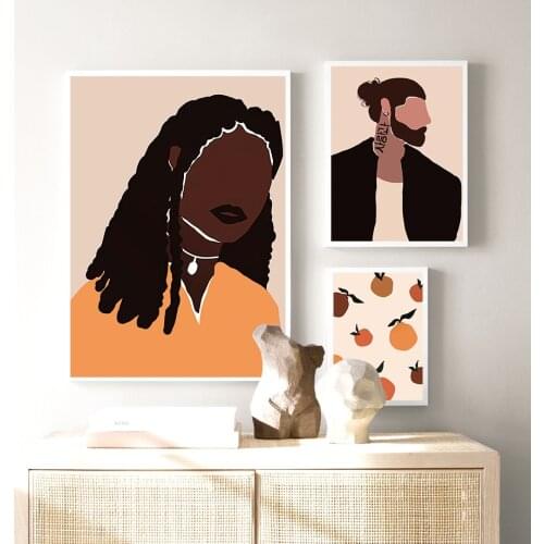 Vintage Fashion Black Man Girl Canvas Painting Orange Fruit Wall Art Posters and Prints Monstera Pictures for Living Room Decor
