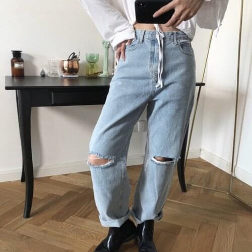 High Waist Light Blue Trousers New Loose Fit Hole Denim Pants Women Fashion Tide Spring Autumn 2021 Z300