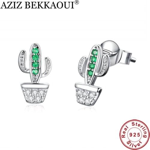 AZIZ BEKKAOUI Hot Sale 925 Sterling Silver Green Cactus Crystal Stud Earrings for Women Fashion Dazzling Plant Jewelry