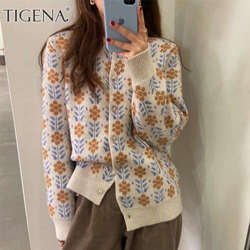 TIGENA Floral Print Knitted Cardigan Women Spring Autumn Vintage Single Breasted Long Sleeve Cardigan Female Button Down Sweater