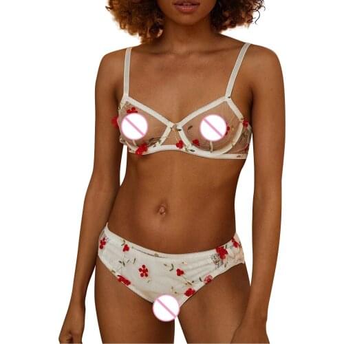 Sexy Lace Lingerie Underwear Mesh Flowers Embroidery Women Set 2 Piece Bow Knot Langerie Transparent Bra Panties See Through