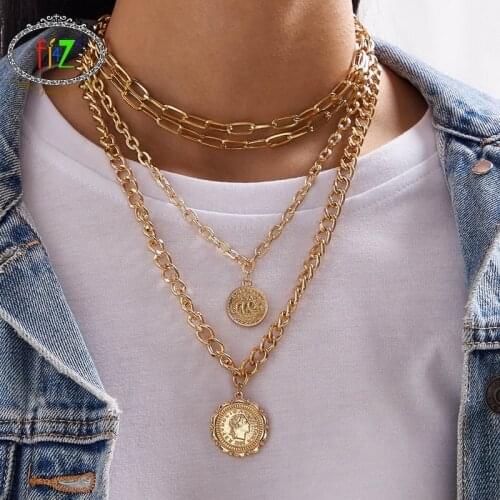 F.J4Z Hot Steampunk Women Chain Choker Necklaces Multi-layers Gold Cuban Chain Eye Lock Coins Charms Pendants Dropship