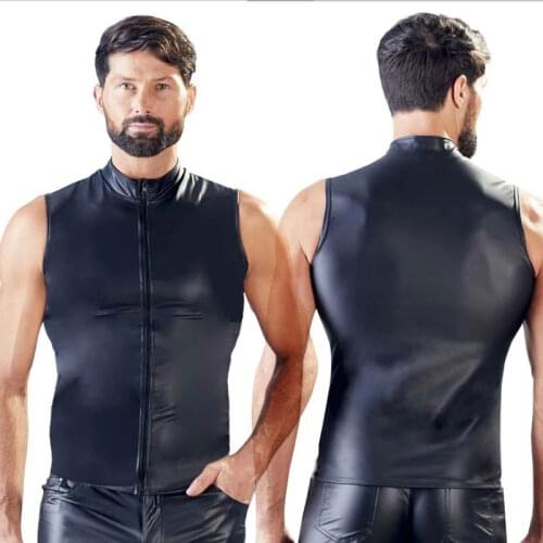 New Mens Matte Patent Leather Sleeveless Vest Tight Sexy Zip Top Mens Nightclub Stage Performance Party Club Clothing