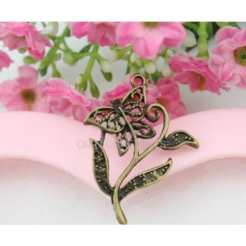 100pcs big flower w/ butterfly rhinestone pave 40*31mm antique bronze zinc alloy Charm Pendants DIY Supplies for handicraft