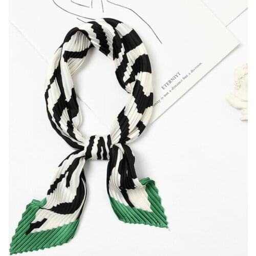 55*55cm Elegant Print Pleated Stretchy Square Crinkle Silk Satin Small Neck Scarf Women Fashion Crumple Neckwear Handkerchief