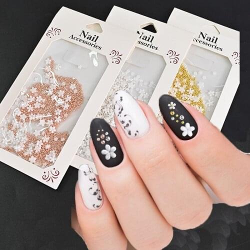 6mm/3mm 3D MIX-Steel Beads-5Petal Flower Rhinstones Resin Flower Nail Art Decorations Beads Gems White Flowers Rhinestones#20g/b