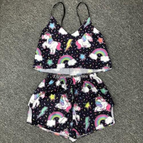 Backless Satin Sexy Pajamas Black Lace Pajamas With Pants Loose Spaghetti Strap Intimate Lingerie Sleepwear Women Pj Set Unicorn