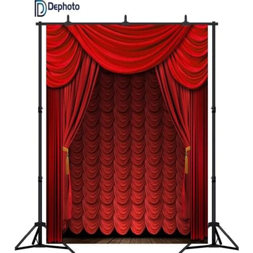 DePhoto Dark Red Curtain Wooden Floor Stage Baby Children Photography Backgrounds Vinyl Custom Camera Backdrops For Photo Studio