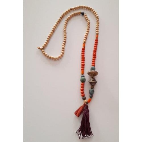 Goodtime Long Ethnic Necklace Wood & Glass & Indian Beads Womens Handmade Jewelry