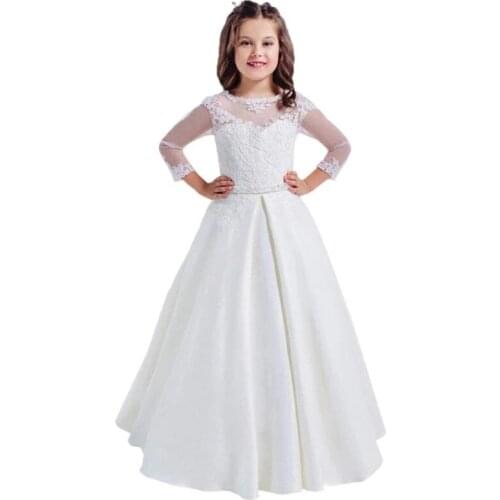 Elegant White Flower Girl Dresses for Wedding Lace 3/4 Long Sleeves Hollow Back First Communion Dresses for 2-14 Years