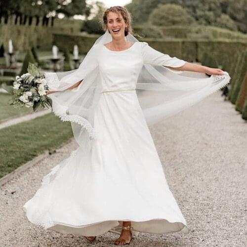 Elegant Simple A-Line Wedding Dresses 2021 O-Neck 3/4 Sleeve Ankle Length Satin Belt Bride Gown Custom Made Vestidos De Noiva