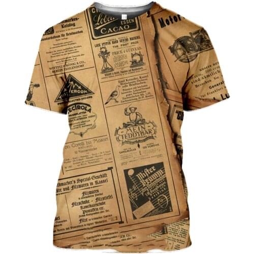 Summer Mens T-Shirt 3D Printing Old Newspaper For Both Men And Women Top Casual Fashion Short Sleeve Retro Style Top