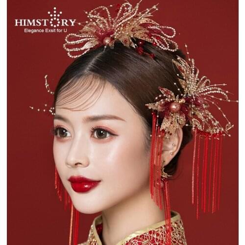 Himstory Handmade Red Tassel Vintage Brides Hair Accessories Chinese Classical Wedding Headdress Jewelry Hair Jewelry