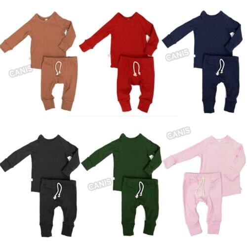 US Infant Baby Boy Girl Cotton Long Sleeve Solid Tops + Pants Outfits Pajamas Pjs Set Sleepwear Clothes