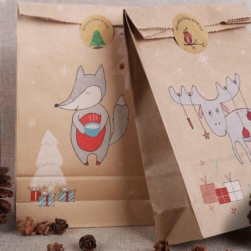 Kraft Paper 12Pcs Christmas Candy Bags And Gift Wrapper Cute Fox Reindeer Natal Noel 2022 New Year Party Candy Bags Xmas Decor