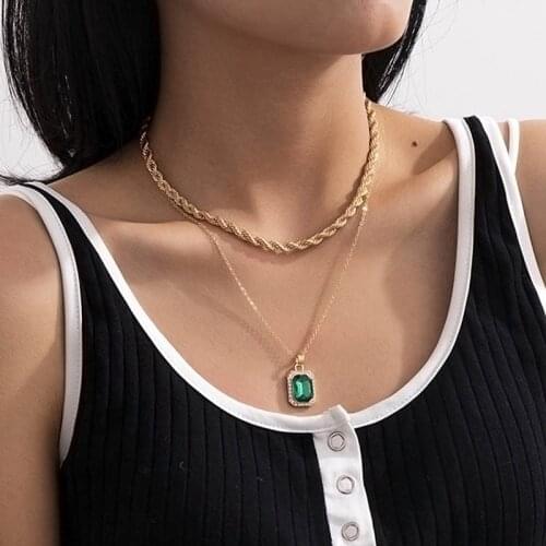 Trendy Temperament Square Crystal Gem Pendant Necklace Women Vintage Double Layer Twisted Chains Geometric Necklaces Jewelry