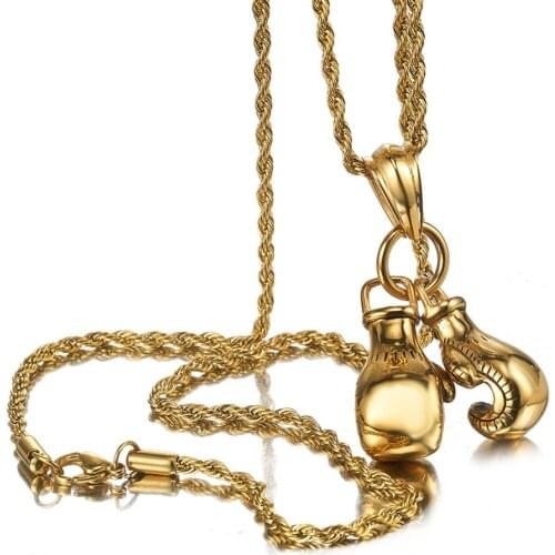 Men Necklace Gold Color Stainless Steel Chain Pair Boxing Glove Pendant Charm Fashion Sport Fitness Jewelry With Free Necklace