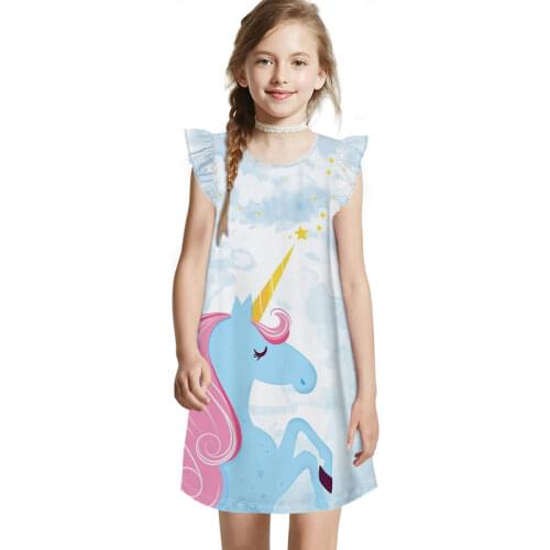 Summer 2020 Girl New Unicorn Rainbow Round Neck Dress Daily Casual Colorful Dress Suitable For Girls 5 6 7 8 9 10 Years Old