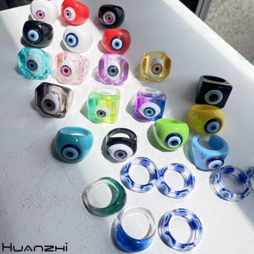 New Summer Korean Devils Eye Blue Transparent Resin Colorful Round Rings HUANZHI 2021 for Women Girls Party Jewelry Gifts