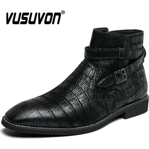 New Arrival Mens Boots Autumn Winter Leather High Top Shoes Gentleman Fashion Retro Buckle Black Casual Boots