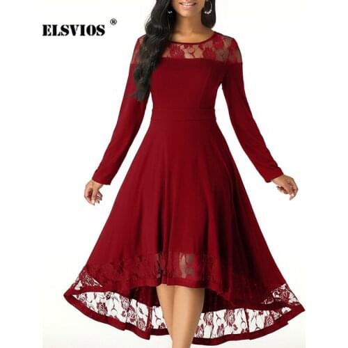 Sexy O-neck Lace Patchwork Hollow Out Dress Women Spring Plus Size Irregular Mermaid Dress Casual Long Sleeve Ladies Party Dress