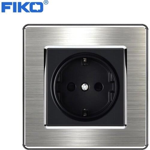 FIKO 16A EU Standard Wall Socket Luxury Power Outlet Stainless Steel Brushed Panel Grounded With Children Protective Door