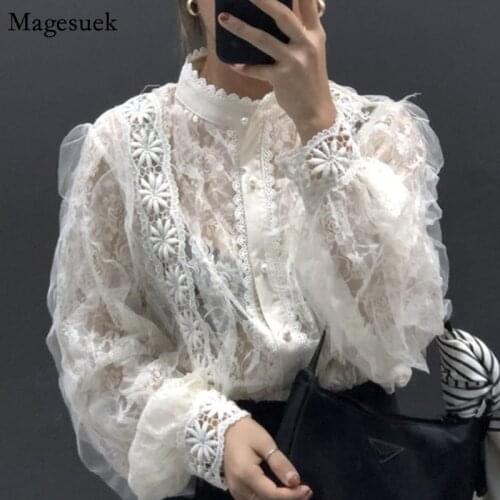Spring Vintage Crochet Womens Shirts Stand Collar Loose White Blouse See-through Lace Stitching Long Sleeve Shirt Tops 13339