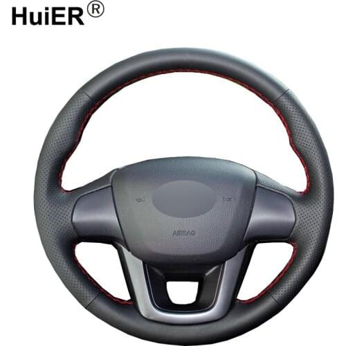 HuiER Hand Sewing Car Steering Wheel Cover Black Leather For Kia K2 Kia Rio 2011 2012 2013 Wear-resistant Breathable Car Styling