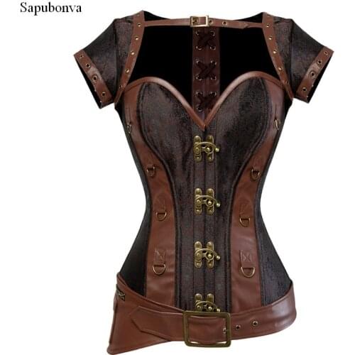 Sapubonva steampunk clothing women plus size vintage pu leather corset steampunk brown outerwear bustier corselet overbust tops